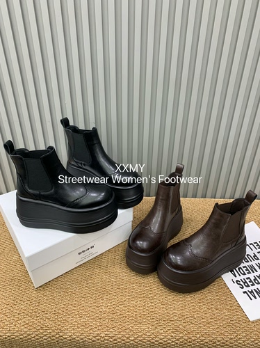 复古布洛克切尔西短靴女增高厚底松糕底显高显瘦英伦风套脚女靴子