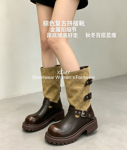 复古拼接西部堆堆靴女磨砂皮金属扣中筒靴厚底增高显瘦秋冬女单靴
