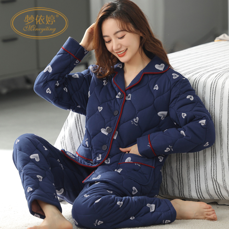 梦依婷睡衣女士秋冬季加厚纯棉长袖家居服三层保暖夹棉袄全棉睡衣