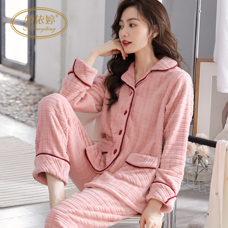 秋冬天长毛绒睡衣女长袖加绒加厚韩版宽松法兰绒家居服套装春秋季