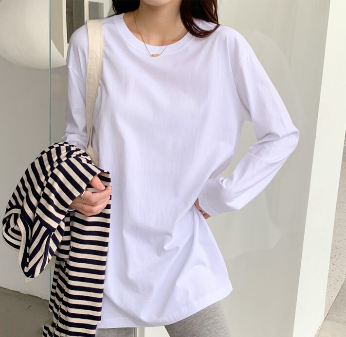 限量捡漏~白色长袖T恤女2023春夏新款学生韩版宽松纯色打底衫上衣