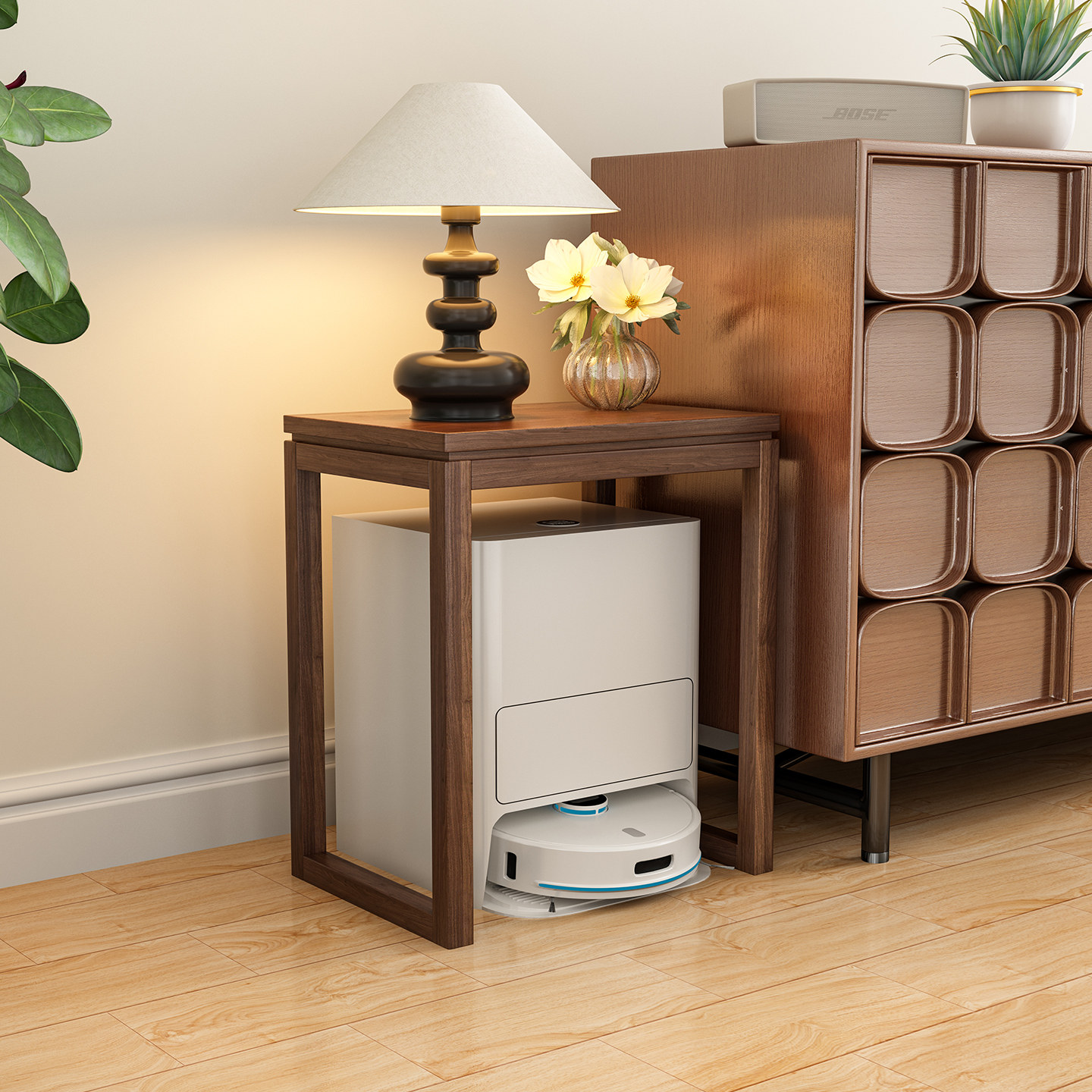 北美黑胡桃木地机器人收纳架实木边桌扫置物架沙发边几简约储物桌