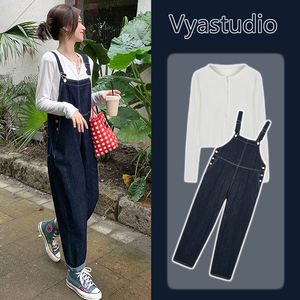 孕妇牛仔背带裤秋款2023新款秋季外穿春秋大码直筒长裤小个子秋装