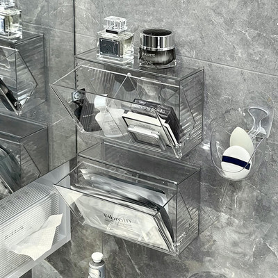 面膜收纳盒浴室护肤品壁挂式透明整理盒镜柜化妆品防尘翻盖置物架