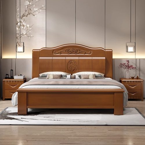 新中式实木床主卧1米8双人大床1米5简约现代家用高箱储物实木婚床