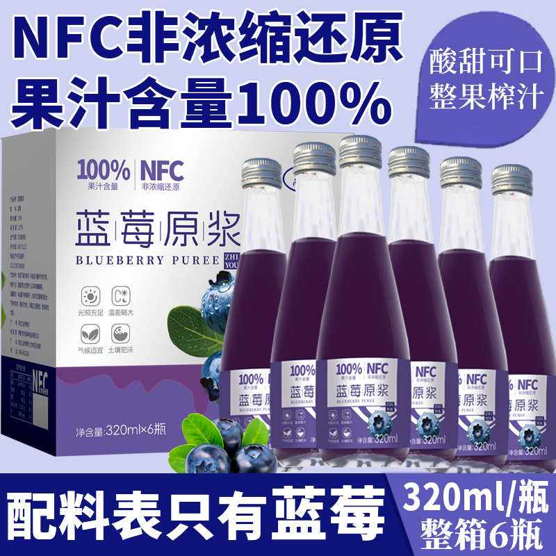 100%蓝莓原浆100%原汁NFC果汁 不添加蔗糖植物饮品高档瓶装一整箱