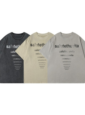 介夫 美式休闲复古字母水洗做旧设计宽松百搭男女T恤短袖三色入