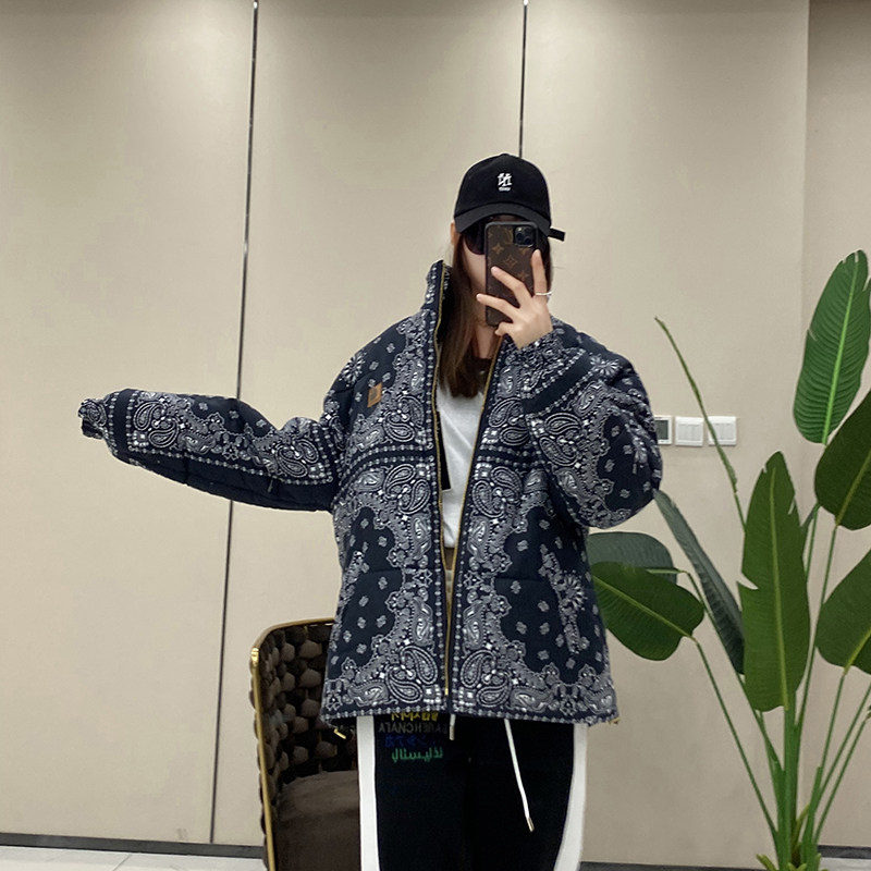 欧洲站冬季新款潮流复古原宿立领满印腰果花面包服保暖棉服外套女