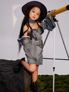 女童西部牛仔走秀潮装牛仔主题T台表演辣妹风复古朋克演出服儿童