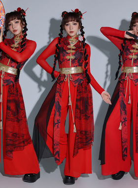 打鼓演出服女套装红色中国风舞蹈服新款女团打歌服古风爵士舞服装