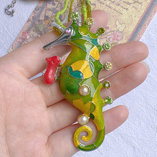 卡梅奥女王海马滴釉莱茵石抽拉花朵海鲜淡水珍珠吊坠项链H1195