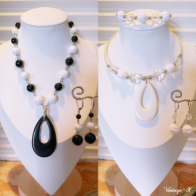 Vintage复古套饰 赛璐璐亚克力开口项链手镯玫瑰花形套装T1020