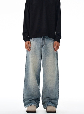 复古水洗直筒牛仔裤男宽松阔腿裤简约休闲长裤做旧