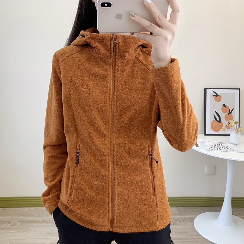 探拓户外轻量保暖抓绒衣女秋冬摇粒绒卫衣徒步登山服连帽开衫外套