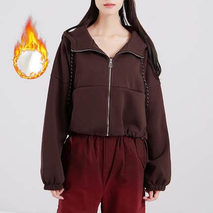 冬季短款连帽欧美高腰加绒加厚女式长袖短外套上衣拉链开衫卫衣