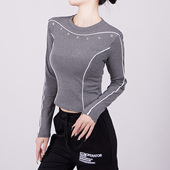 圆领露脐上衣束腰型打底衫 秋冬加绒辣妹风撞色明线长袖 T恤女短款