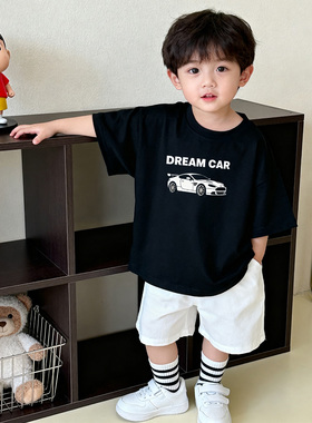 原创童装男童黑色短袖T恤 纯棉夏装韩版宽松卡通汽车印花儿童半袖