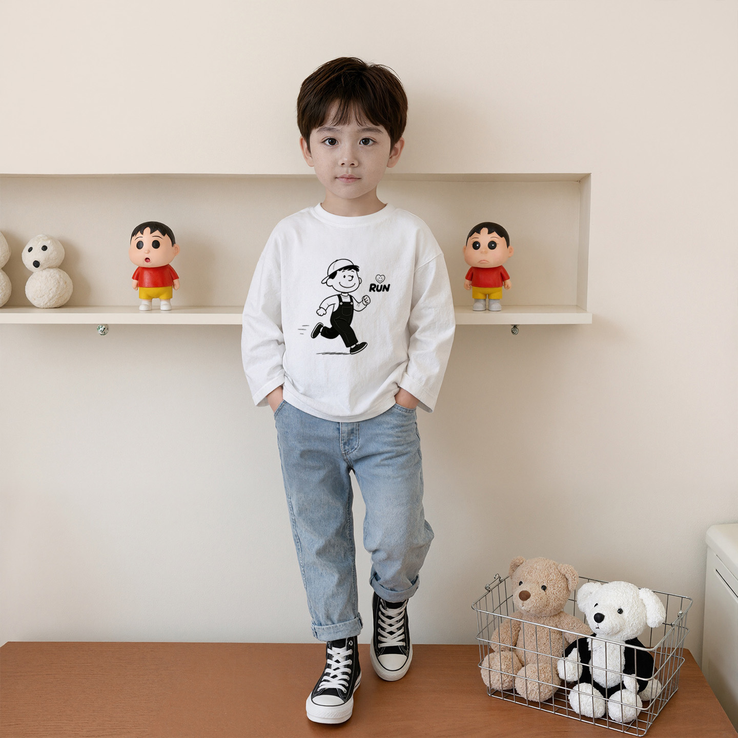 原创童装男童韩式白色长袖 t 恤秋季纯棉宽松吸汗小孩潮酷上衣