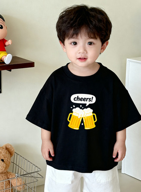 原创童装男童黑色圆领短袖 T恤纯棉夏装韩系宽松卡通印花儿童半袖