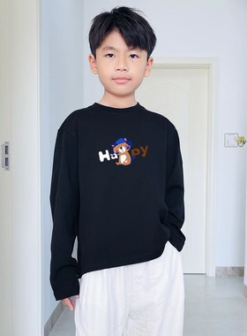 男童长袖t恤圆领黑色纯棉潮牌春秋韩版潮流儿童装休闲百搭上衣