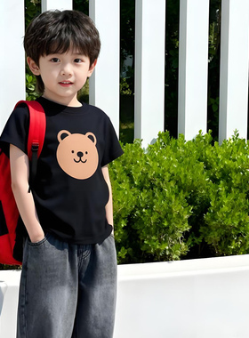 原创童装男童黑色短袖T恤 纯棉夏装韩版宽松卡通小熊印花儿童半袖