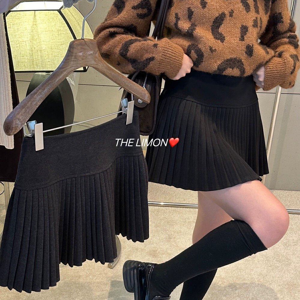 加厚毛呢压褶半身裙女秋冬大码小个子高腰遮胯A字防走光百褶短裙