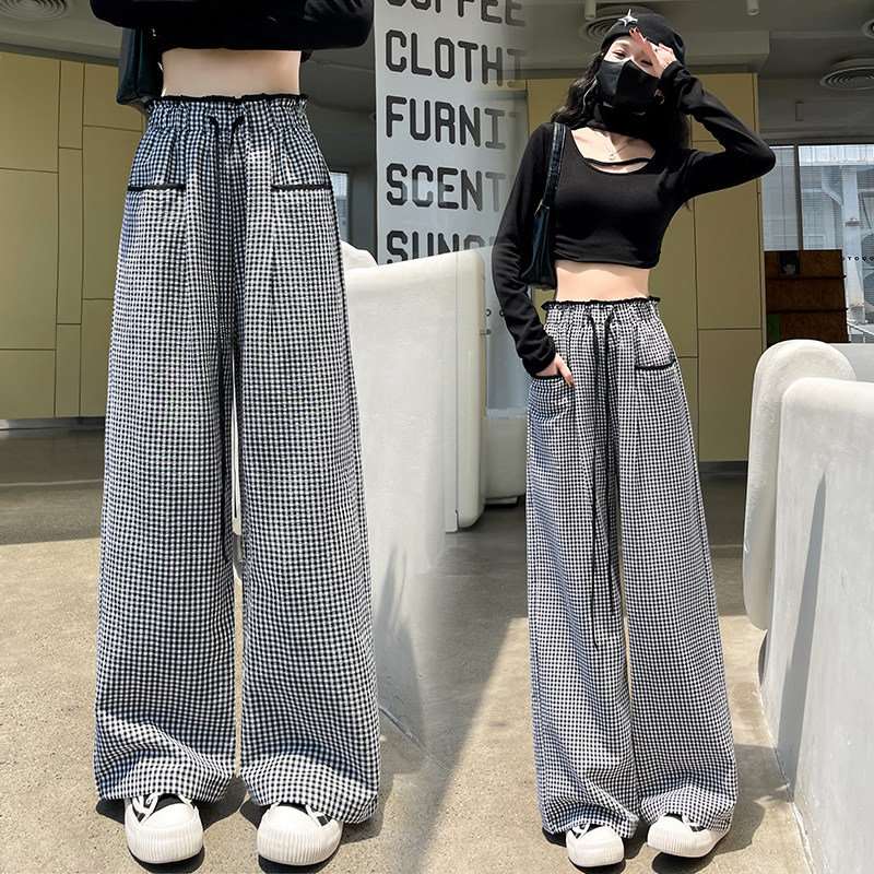 实拍时尚格子休闲裤女高腰显瘦设计感直筒阔腿长裤