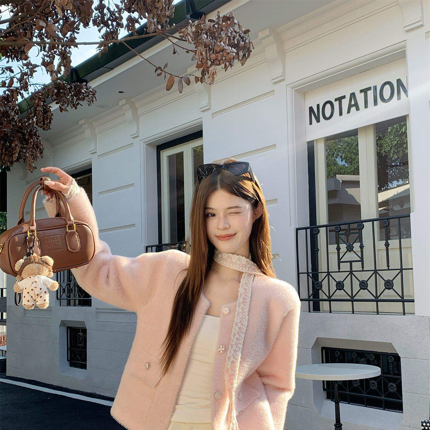 实拍 2025秋季新款小香风蕾丝花边拼接短款粉色外套女送飘带