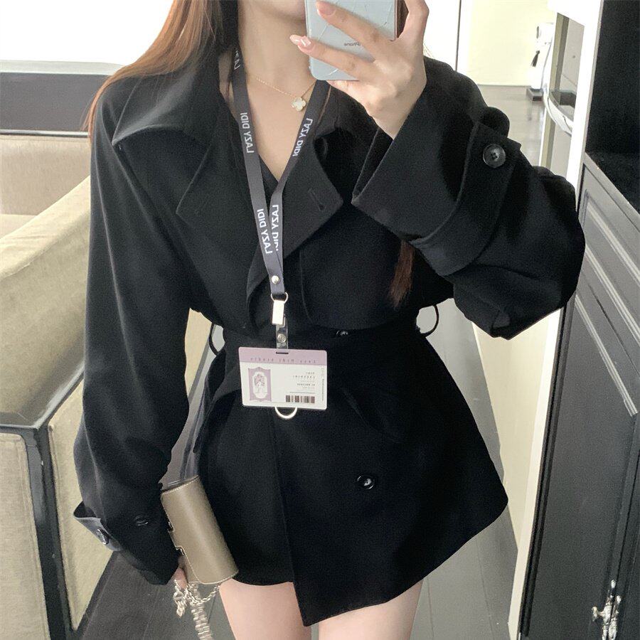 实拍大码女装胖mm简约通勤休闲韩系职业干练短款风衣外套收腰上衣