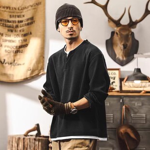 【假两件】美式复古重磅欧棉绒长袖T恤男春季新款加绒卫衣亨利衫