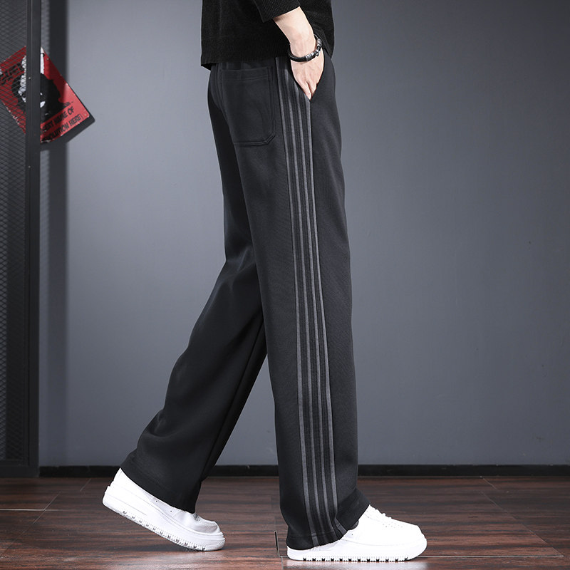 条纹撞色休闲裤子男秋冬款宽松直筒阔腿裤潮牌痞帅高级感加绒卫裤