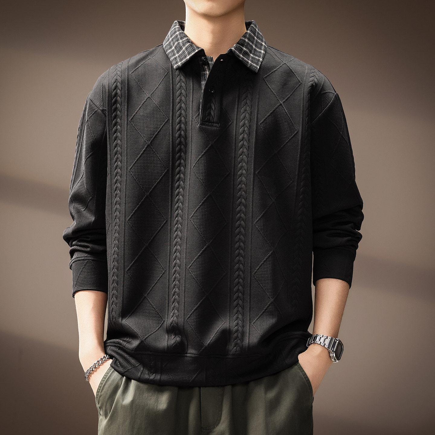 高端美式麦穗纹肌理长袖Polo衫男秋季新款假两件宽松翻领休闲卫衣