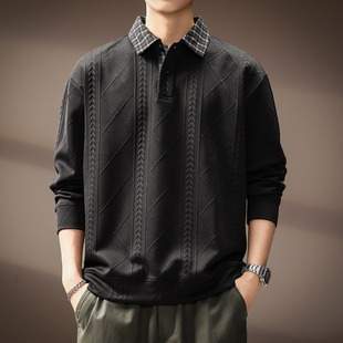 高端美式麦穗纹肌理长袖Polo衫男秋季新款假两件宽松翻领休闲卫衣