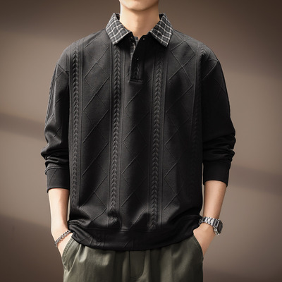 高端美式麦穗纹肌理长袖Polo衫