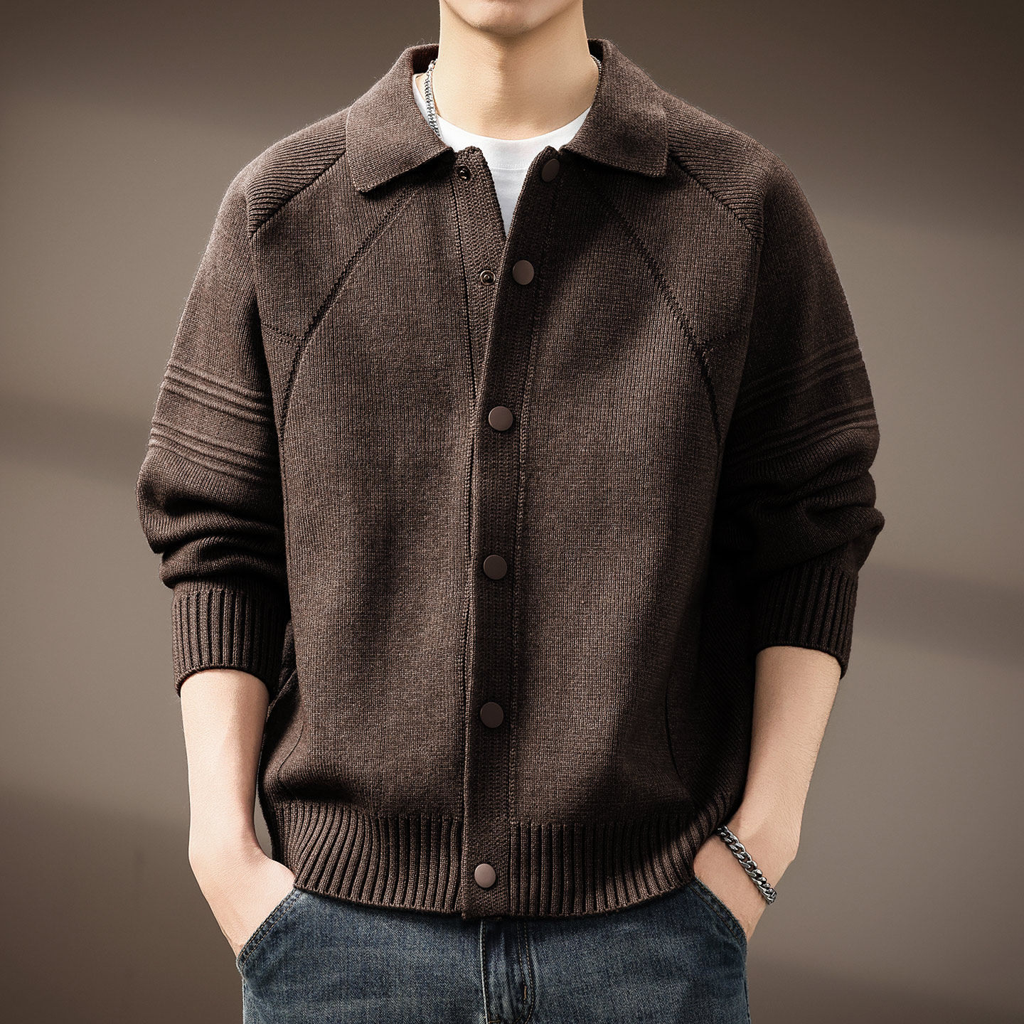 高端老钱风翻领开衫毛衣男士秋冬新款加厚美式宽松休闲针织衫外套