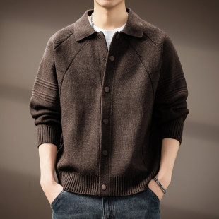 高端老钱风翻领开衫毛衣男士秋冬新款加厚美式宽松休闲针织衫外套