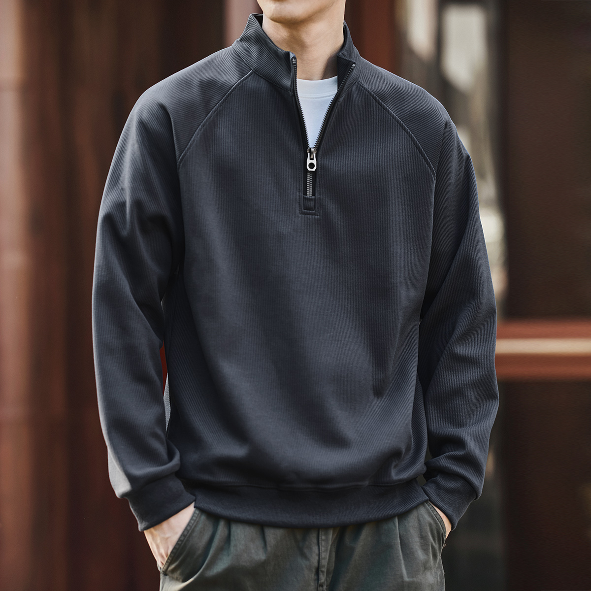 美式复古半拉链立领卫衣男秋冬季