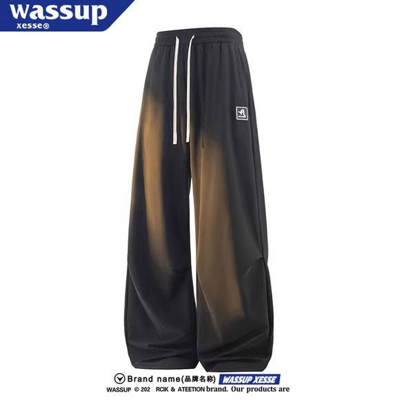 WASSUP夏季宽松纯色休闲裤男生薄款冰丝速干抽绳弯刀长裤子大码