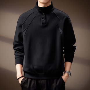 高端美式复古纽扣立领Polo衫卫衣男秋季重磅潮牌宽松休闲拼接上衣