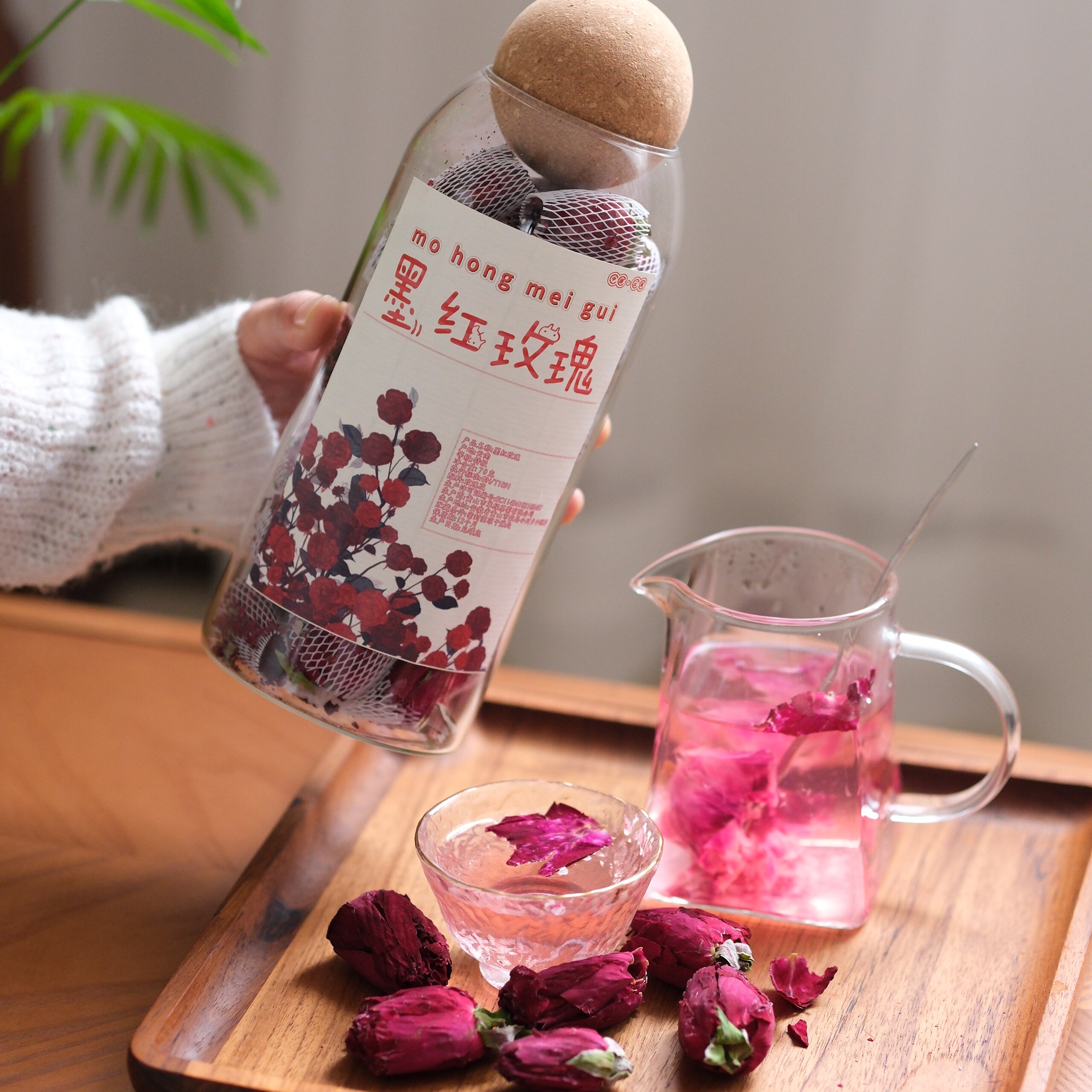 墨红玫瑰花草茶花整朵玻璃瓶教师代用/花草茶