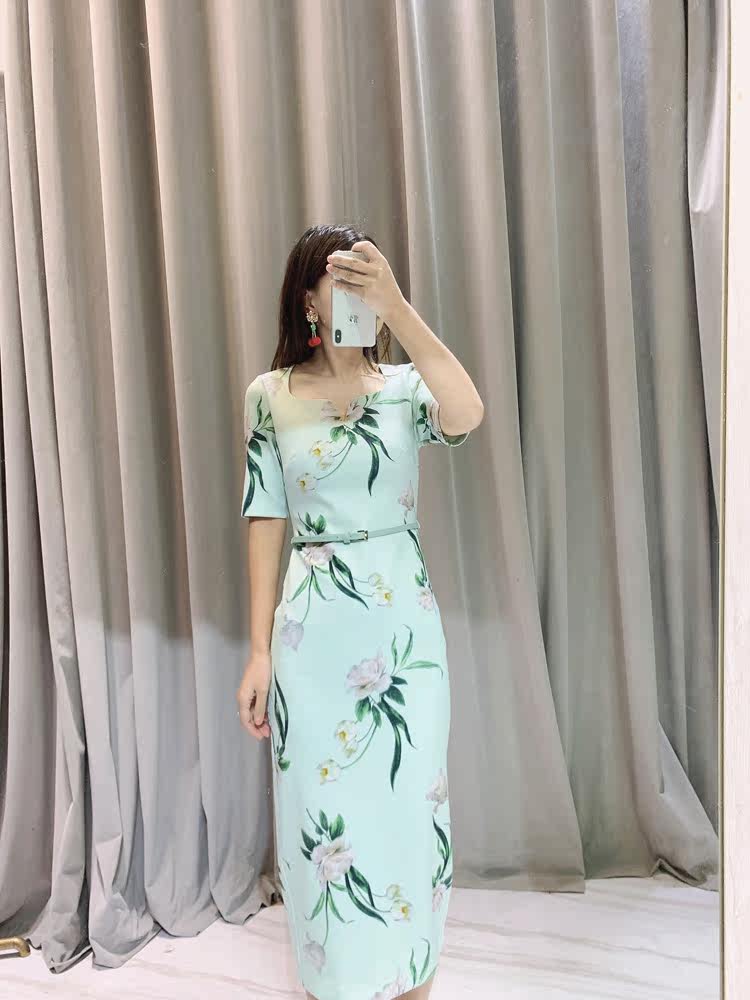 2025新款连衣裙印花修身显瘦气质女裙短袖气质连衣裙OL通勤女装