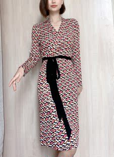 不规则菱形格腰带裹身裙收腰紧身裙显身材气质优雅连衣裙长袖真丝