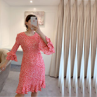 红色碎花连衣裙圆领荷叶袖短袖气质连衣裙2025夏装新款女装短裙