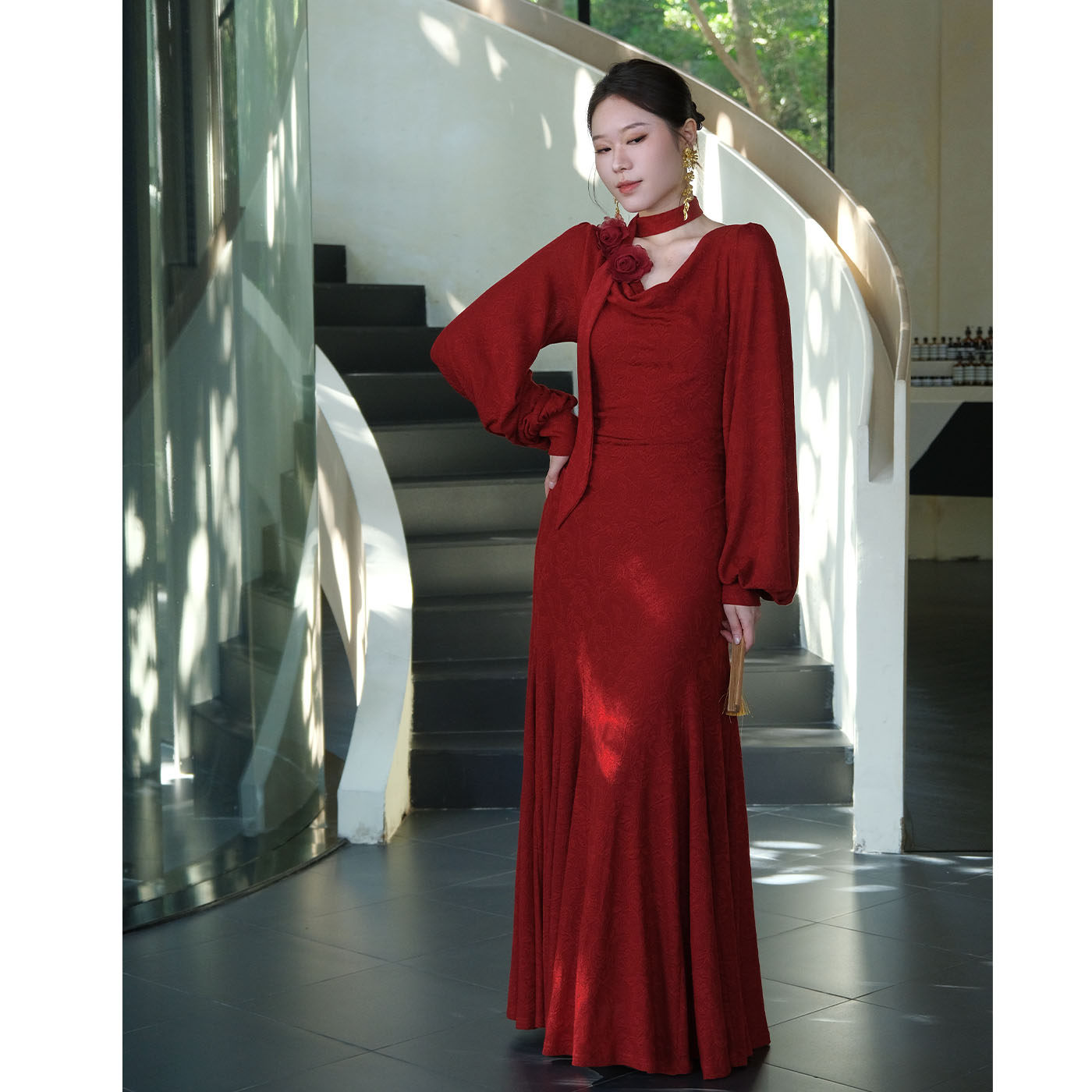 鹿与玫瑰法式复古长袖红色连衣裙女气质修身订婚礼服裙子秋冬