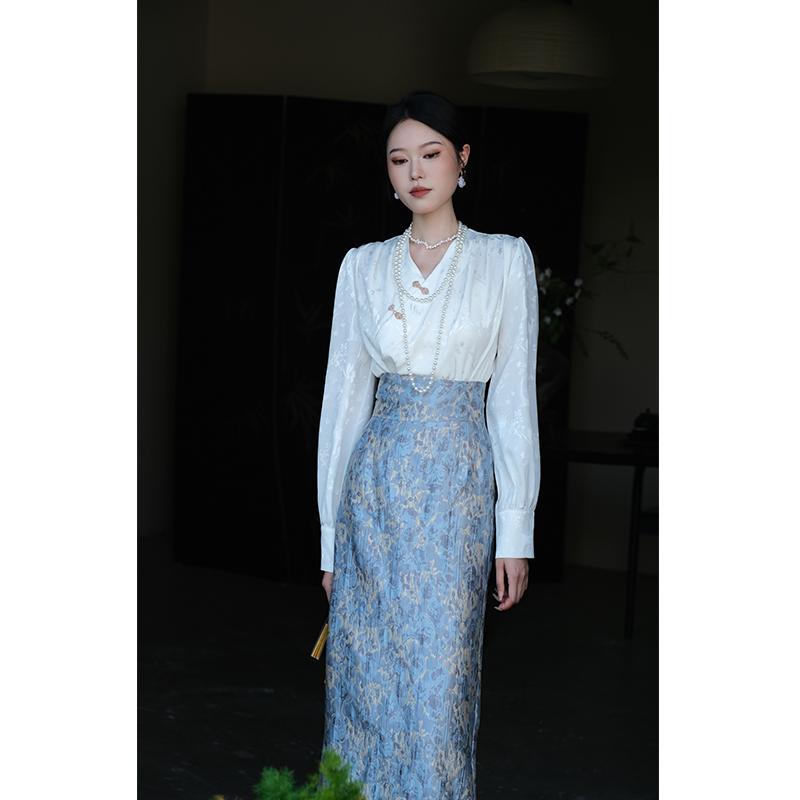 鹿与玫瑰新中式长袖女士衬衫女气质设计感法式白色上衣套装半身裙