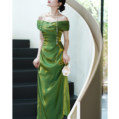 法式复古绝美一字肩连衣裙女