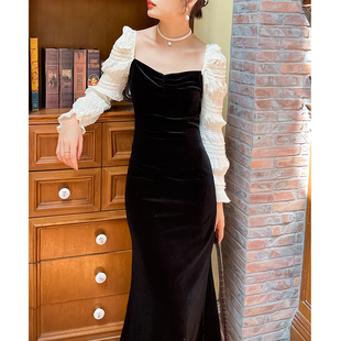 鹿与玫瑰宫廷风法式复古红色丝绒连衣裙气质修腰显瘦小礼服长裙女