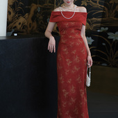 鹿与玫瑰法式 复古绝美一字肩红色连衣裙女气质显瘦敬酒服礼服裙子