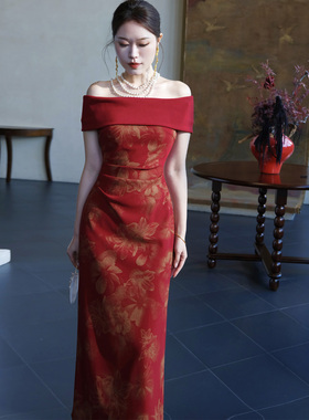 鹿与玫瑰法式复古优雅风一字肩红色连衣裙女气质显瘦敬酒服礼服裙