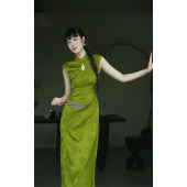 复古连衣裙女 新中式 鹿与玫瑰中国风改良绿色旗袍裙年轻款 气质修身